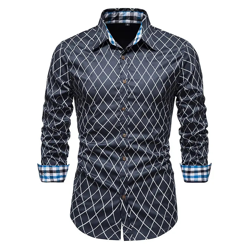 New Fashion Contrast Color Men’s Long-sleeved Diamond Check Button Shirt