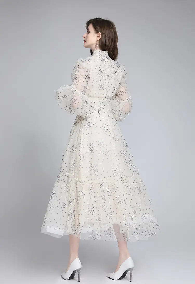 Women’s Mesh Star Shiny Silk Print Waist Wrapping Slim Dress