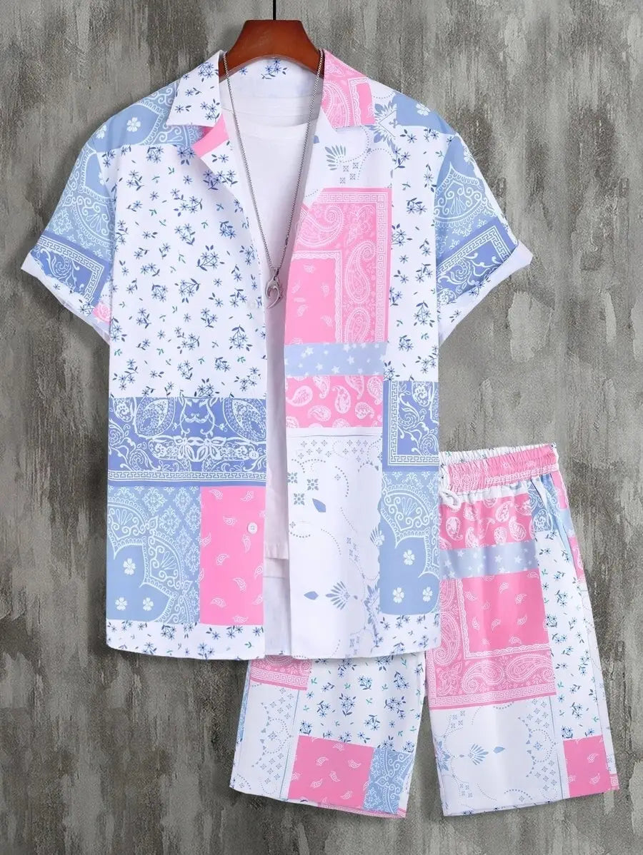 Contrast Color Retro Totem 3D Printed Shirt Shorts 2 Pieces Suit