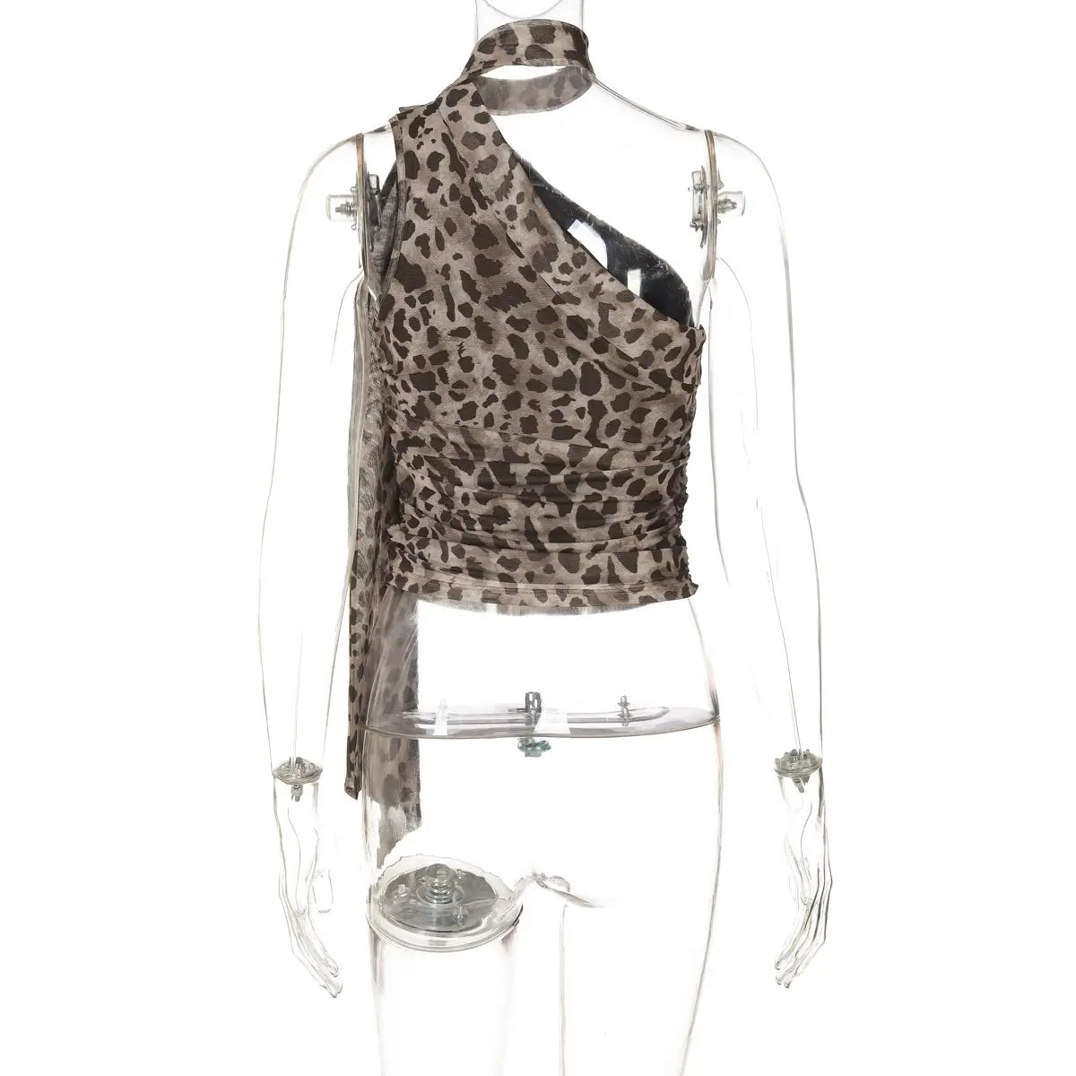 Leopard Print Crossbody Sleeveless Ribbon Short Tight Vest