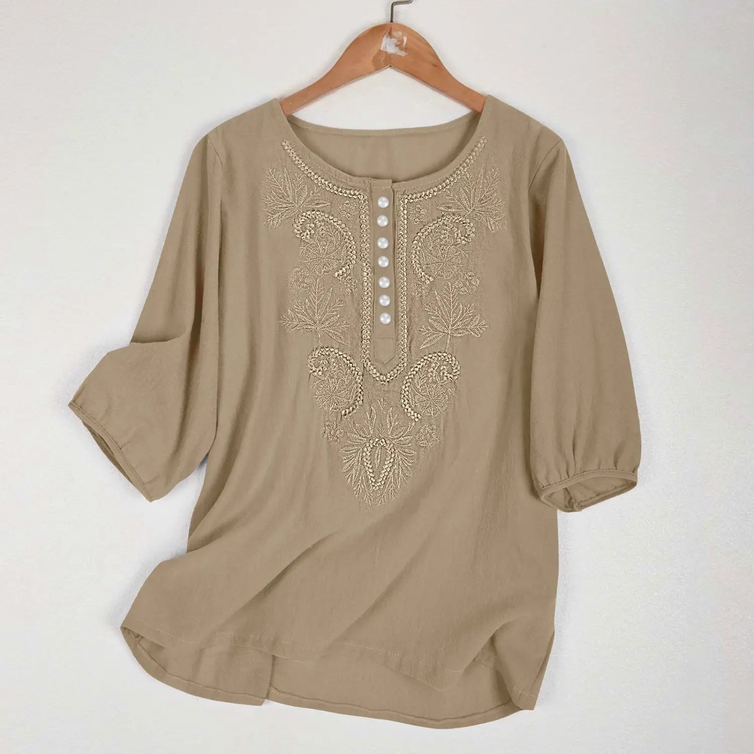 Artistic Retro Loose Design Embroidered Crew Neck Thin Cotton And Linen Women’s Top