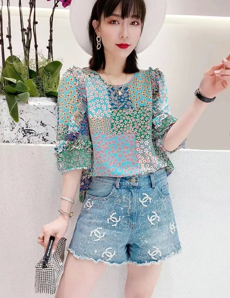 Summer New Pleated Loose Floral Blouse Top