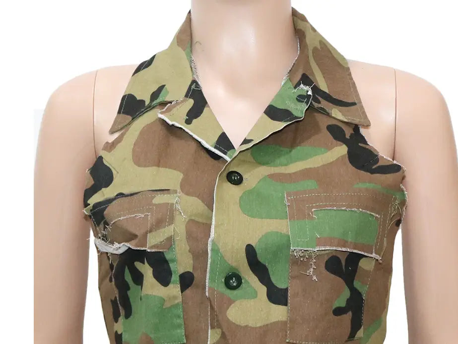 Spring And Summer New Casual Camouflage Printing Lapel Short Sleeve Split Skirt Outfit Women