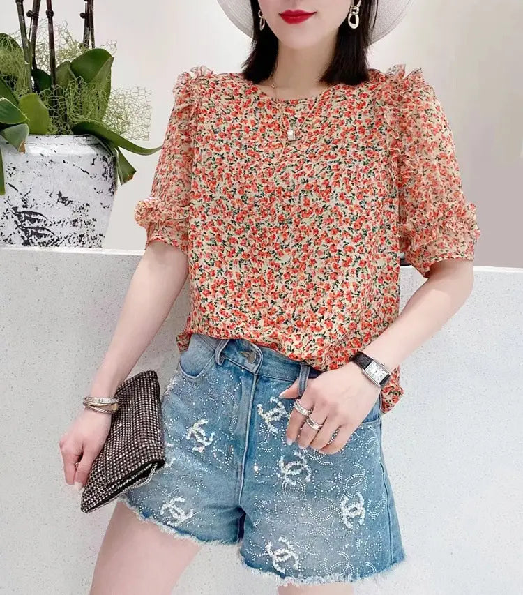 Summer New Pleated Loose Floral Blouse Top