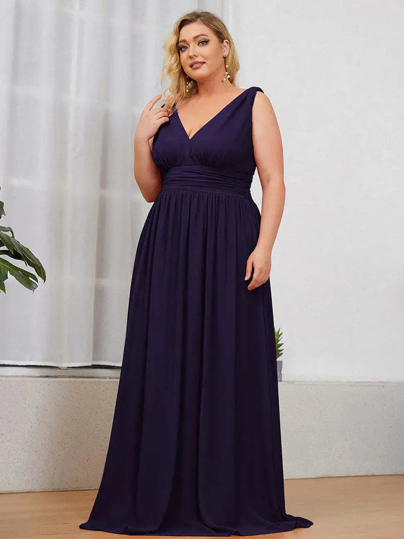 Deep V-neck Bridesmaid Plus Size High Waist Evening Dress
