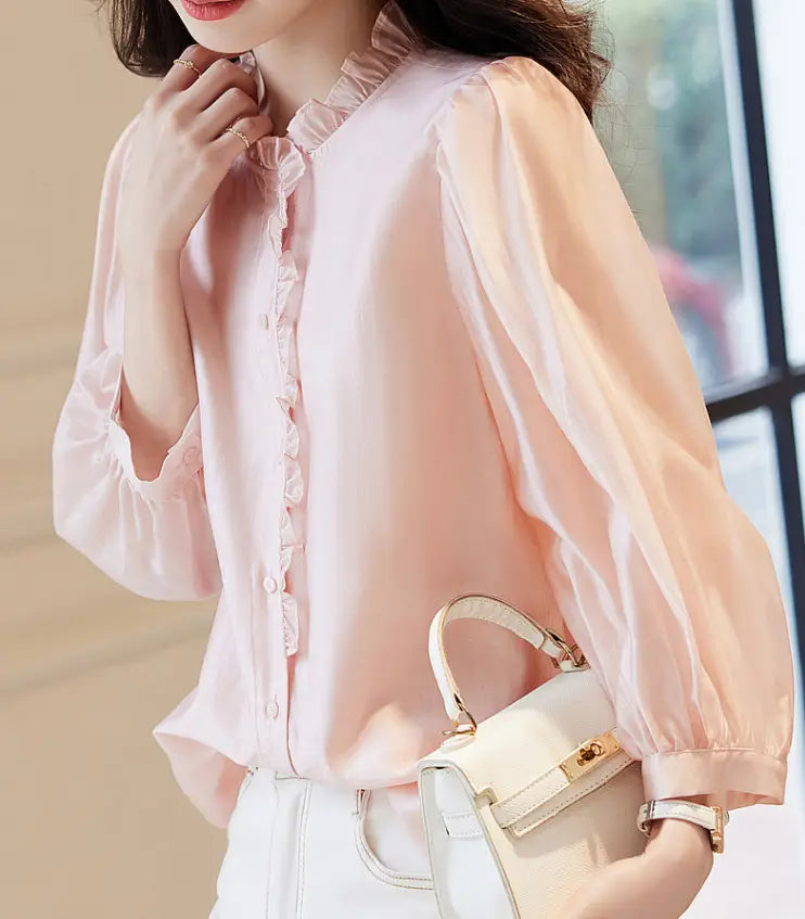 Nine-quarter Sleeve Shirt Women’s Puff Sleeve Thin Solid Color Top