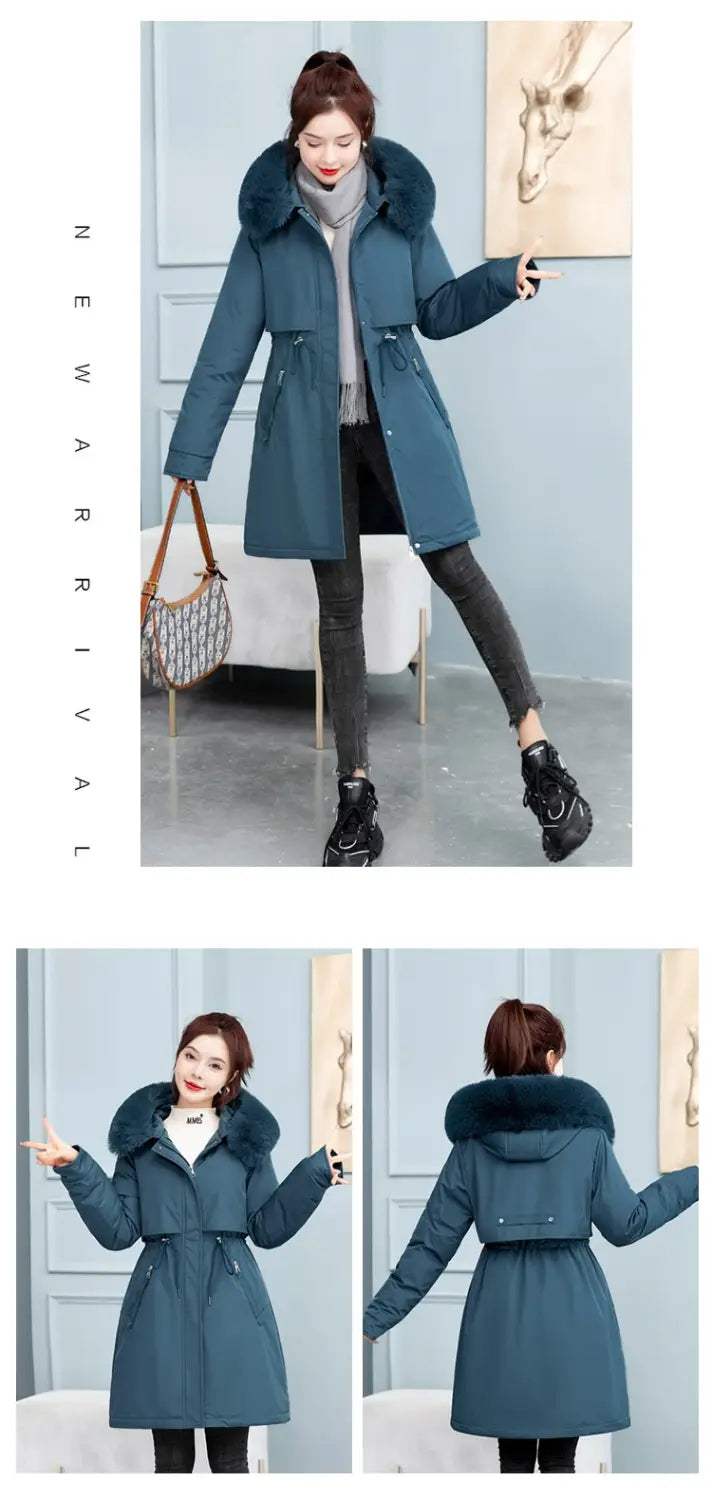 Women’s Mid-length Loose Cotton Coat Fleece-lined Thickened Cinched Coat
