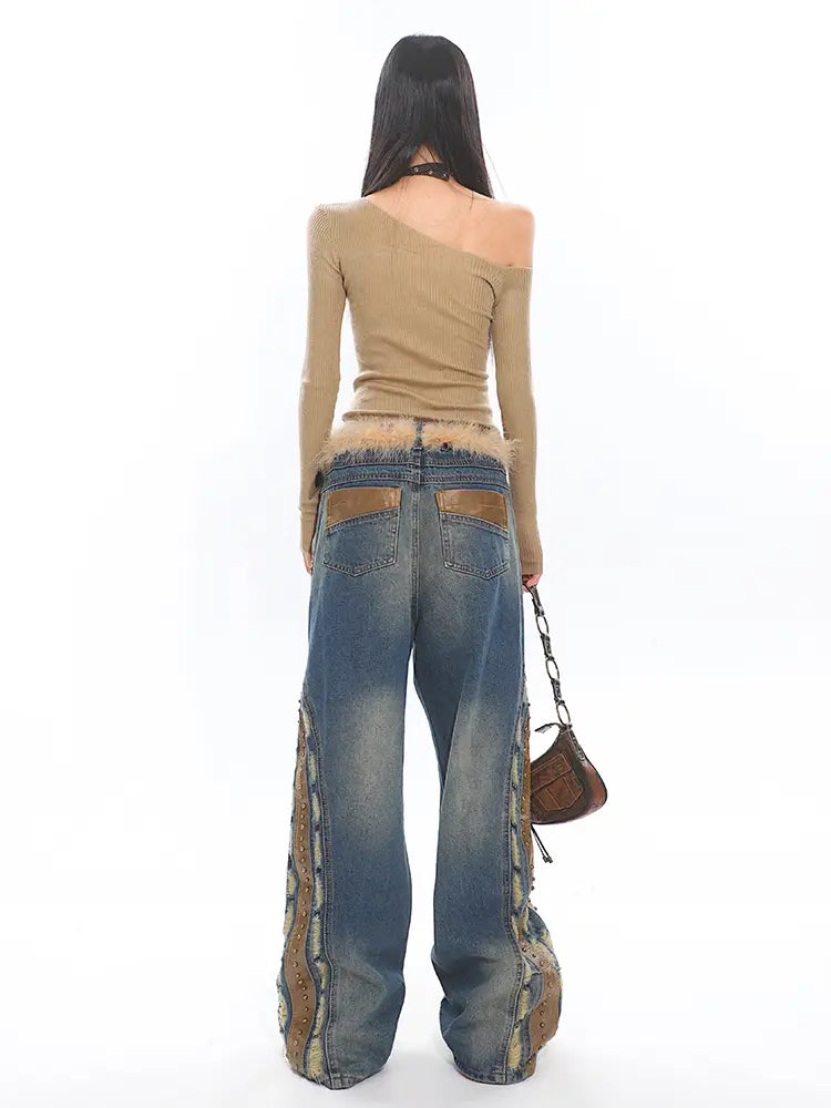 Retro Washed Heavy Niche Deconstructed Leather Patchwork Jeans