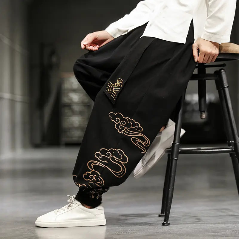 New Chinese Style Men’s Trousers Printed Loose Wide-leg Trousers Plus Size