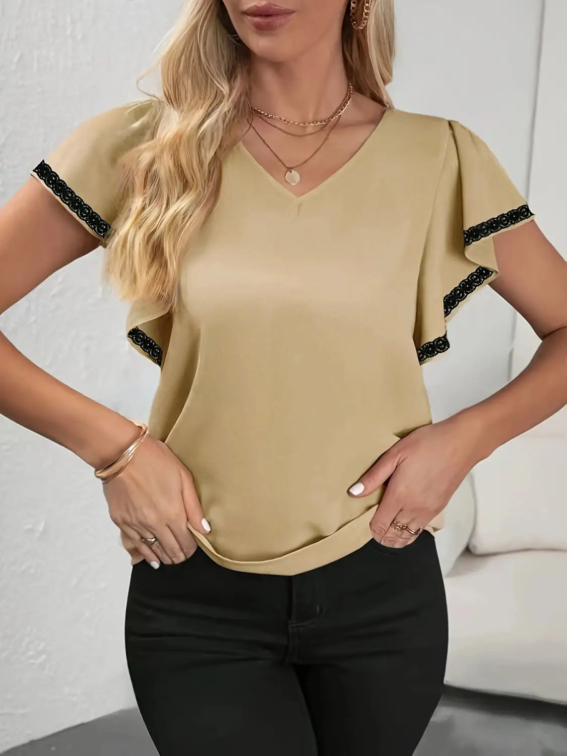 Women’s Fashion Ruffle Sleeve Solid Color And V-neck T-shirt