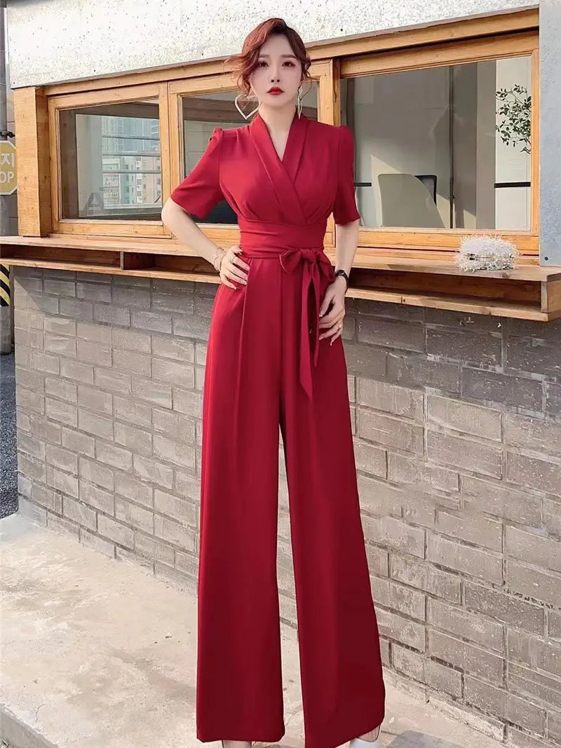 Elegant Temperament Pure Color High Waist Slimming Lace-up Wide Leg Jumpsuit