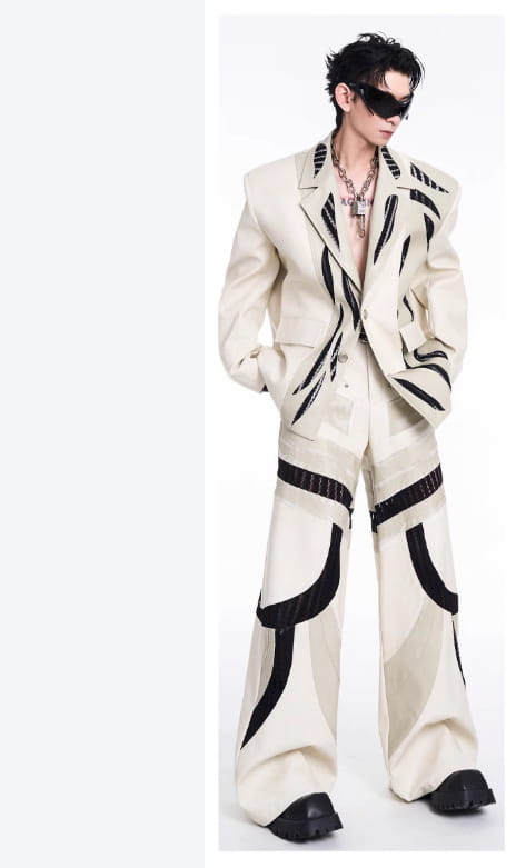 Patchwork Hollow-out Knitmesh PU Autumn And Winter Heavy Casual Pants