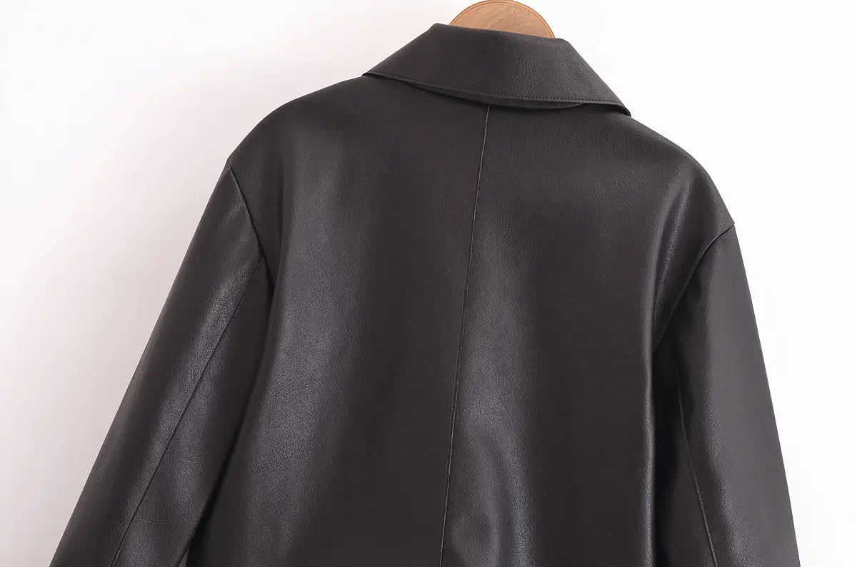 All-matching Western Style Classic Black Leather Short Long Sleeve Jacket