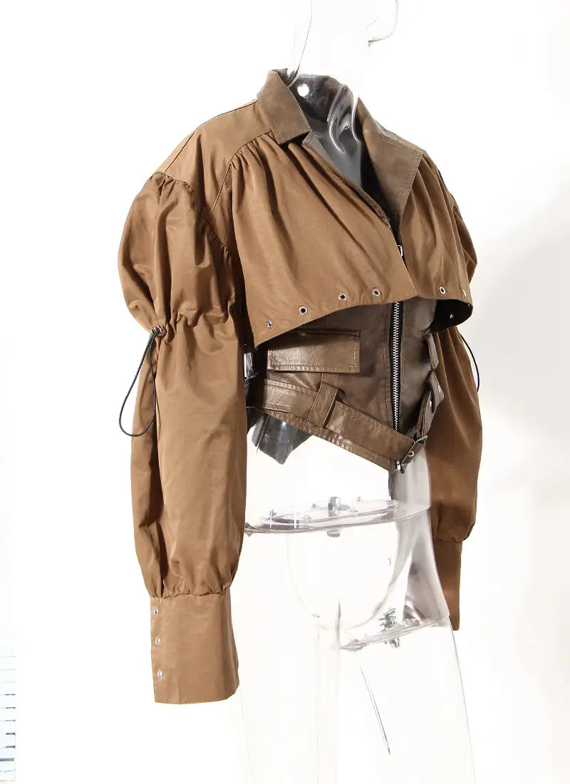 Niche Design Two-piece Coat Cape Stitching PU Handsome Waist-tight Jacket