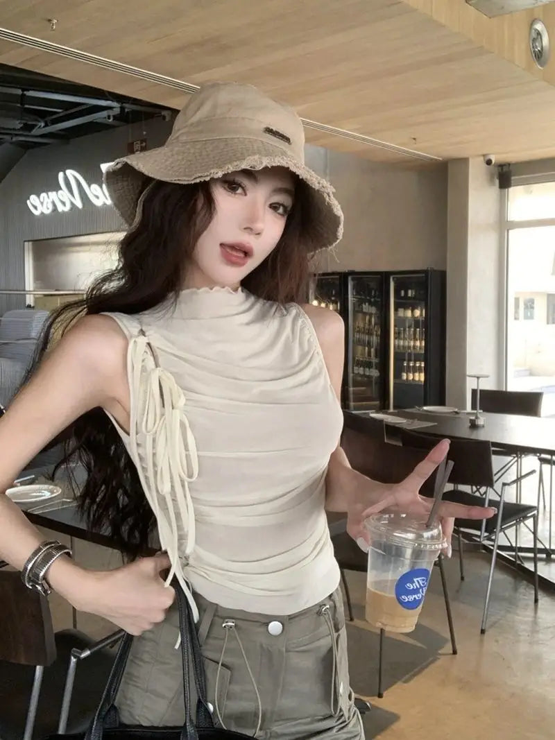 Design Mesh Lace-up Waist-controlled Pleated Vest