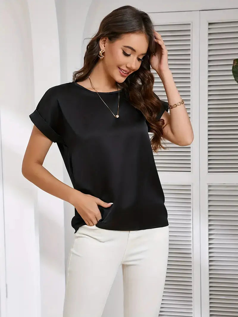 Round Neck Solid Color Smooth Surface Short Sleeve Loose