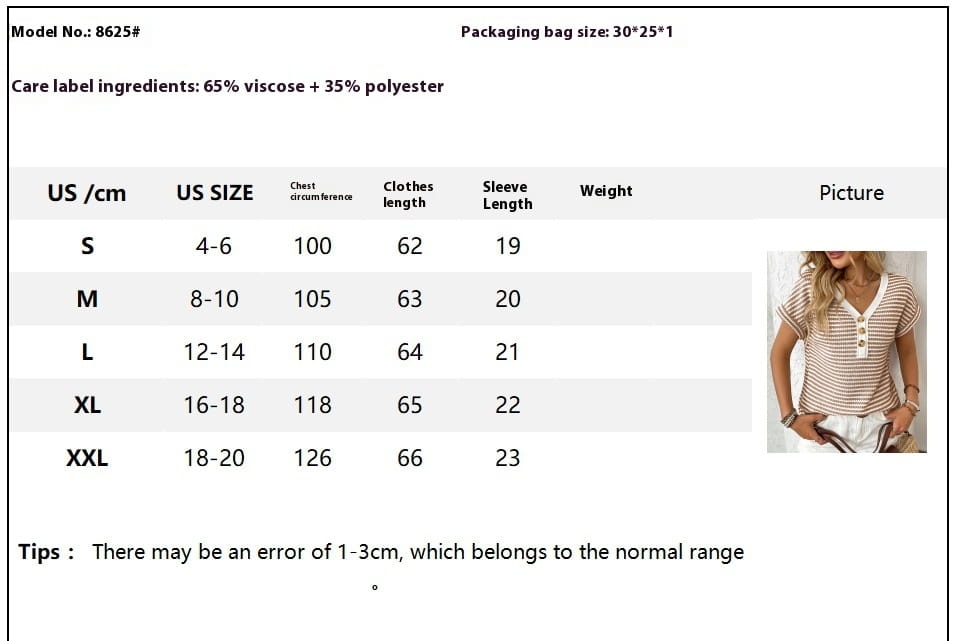 Summer V-neck Short Sleeve Knitted T-shirt Patchwork Button Pullover Top