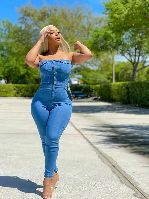Tube Top Off-shoulder Slim Fit Denim Jumpsuit