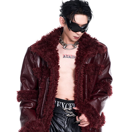 Autumn And Winter Stitching Thermal Long Leather Wind Coat