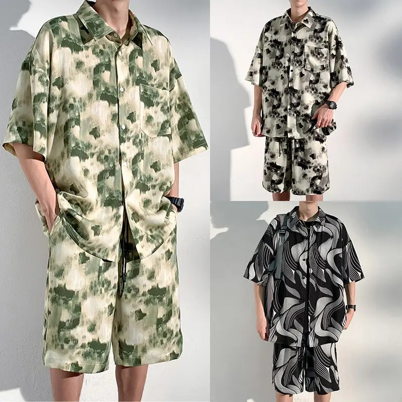 Cool Feeling Ice Silk Short Sleeve Shirt Shorts Loose And Handsome Clothes Set