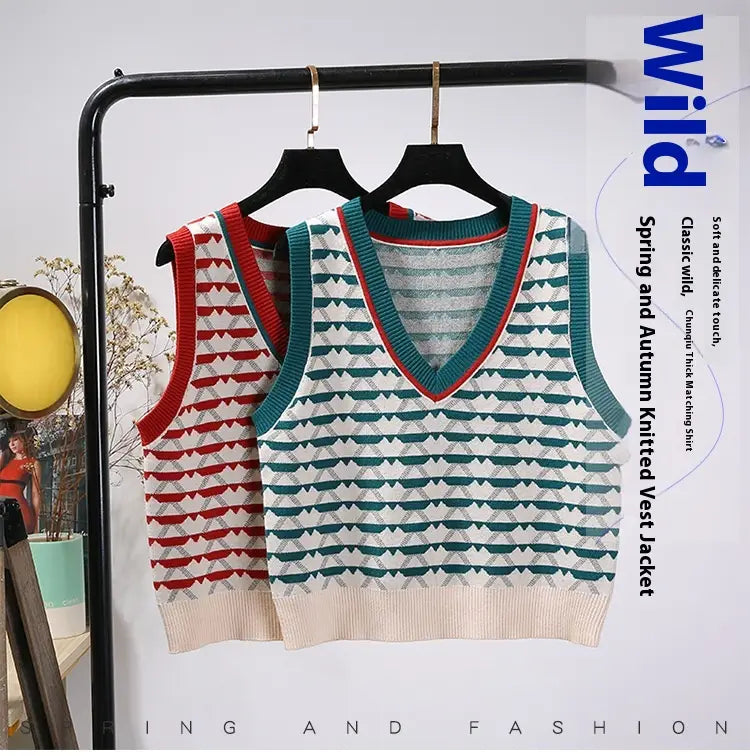 Retro Contrast Color Jacquard Ins Knitted Vest For Women