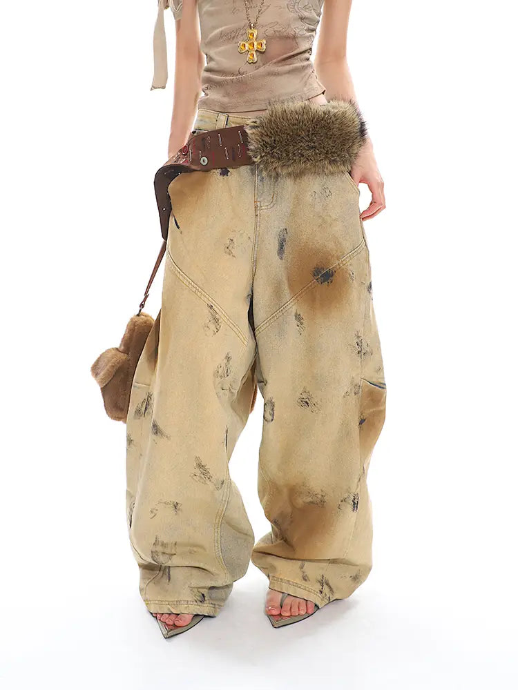 Washed Old Blooming Retro Machete Profile Loose Jeans