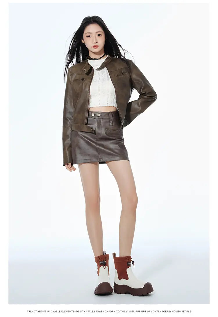 Short Leather Jacket Slim Brown Jacket Motorcycle Jacket