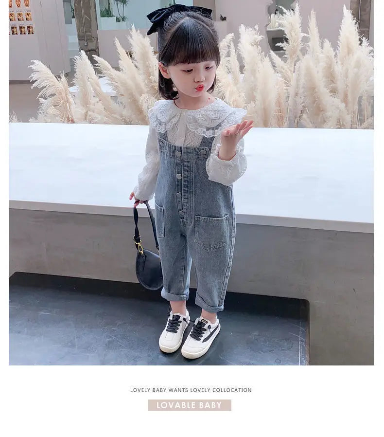 Girls Denim Overalls And Lace Shirt Two-piece Suit