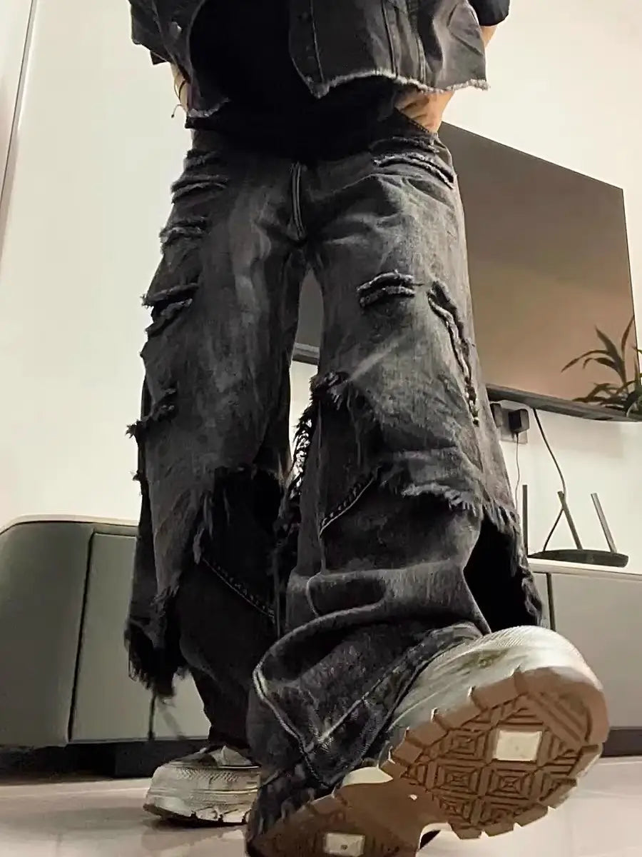 High Street Distressed Cargo Jeans Wide Leg Trousers