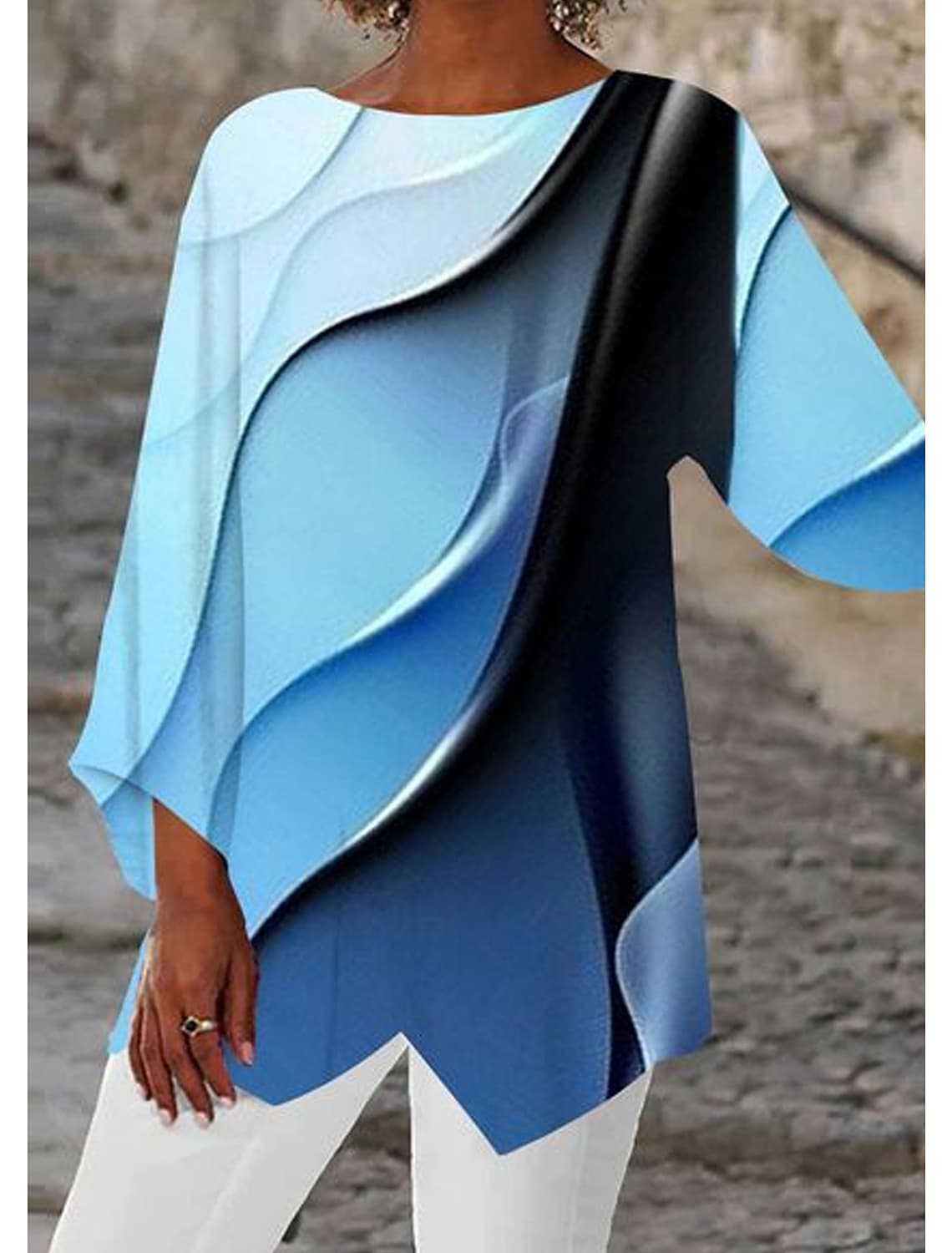 European And American Mature Elegant Contrast Color Women’s Top - Sky Blue / S