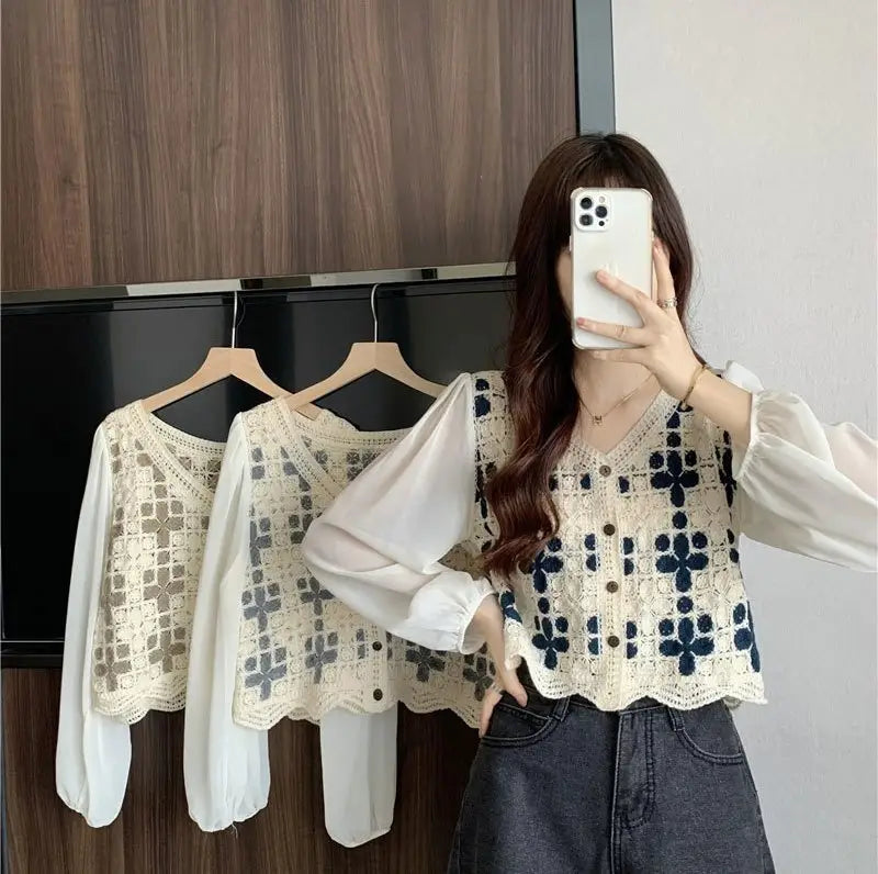 Hollow Lace Shirt Spring Fashion Long Sleeve Stitching