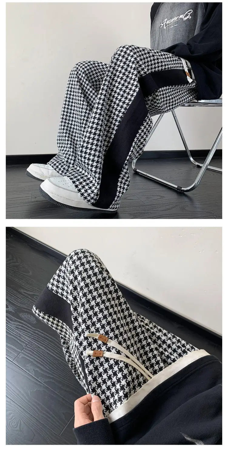 Houndstooth Stitching Chenille Casual Pants