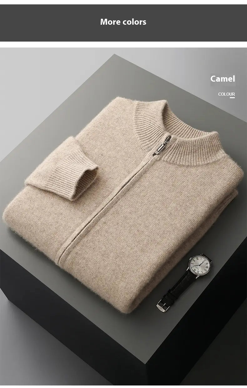 Wool Cardigan Men’s Stand Collar Zipper Knitted Sweater Coat Warm And Loose Cashmere Pants Men