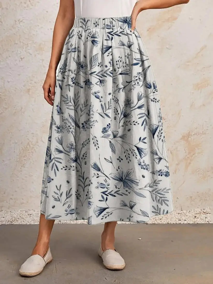 Printed Elastic Waist Slimming Large Hem Skirt