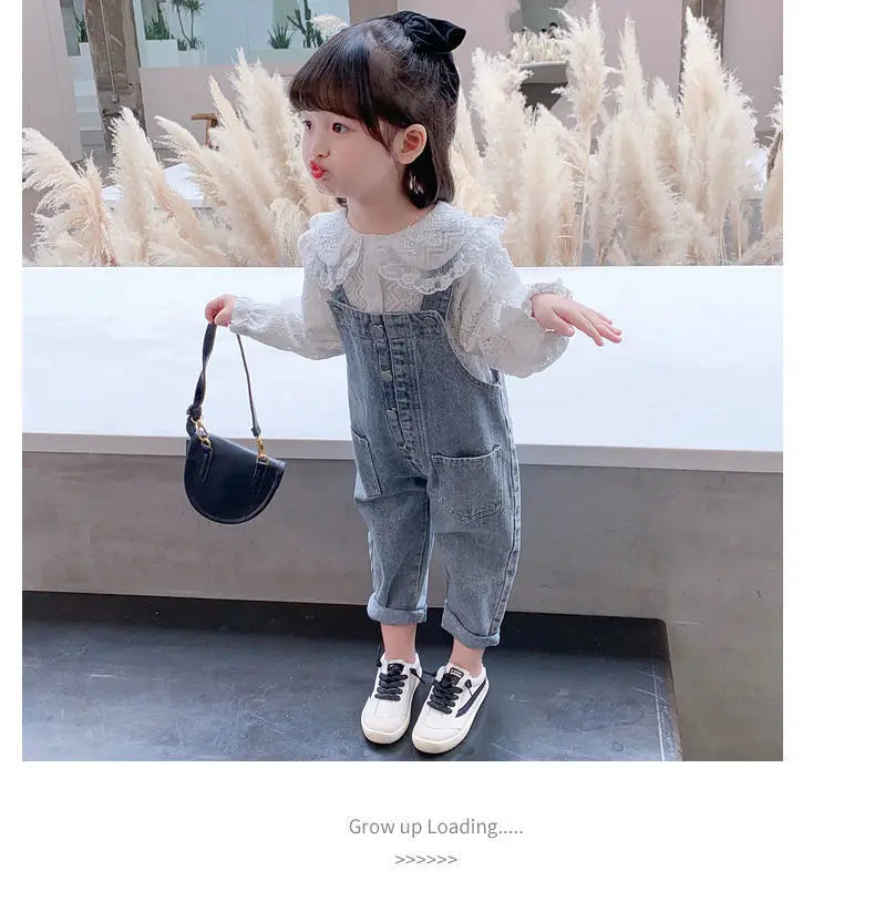 Girls Denim Overalls And Lace Shirt Two-piece Suit