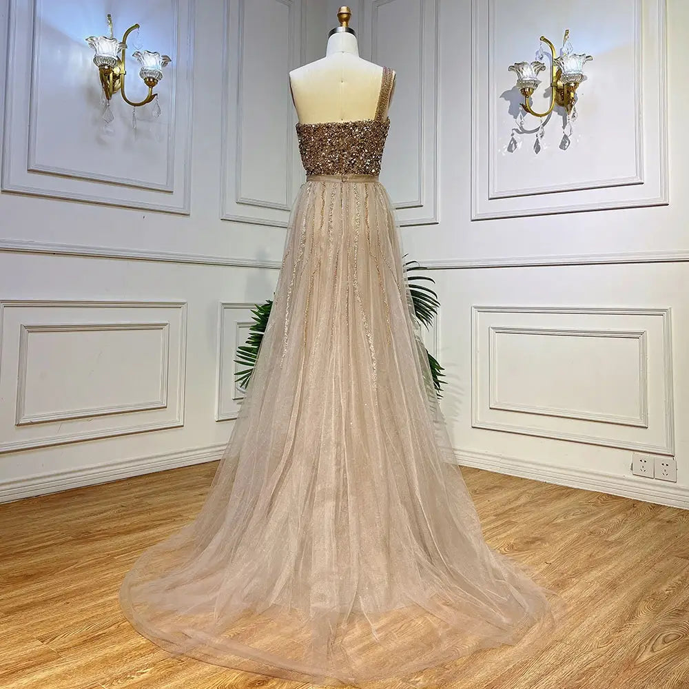 Blue Handmade Beaded Split Shoulder Fishtail Dress