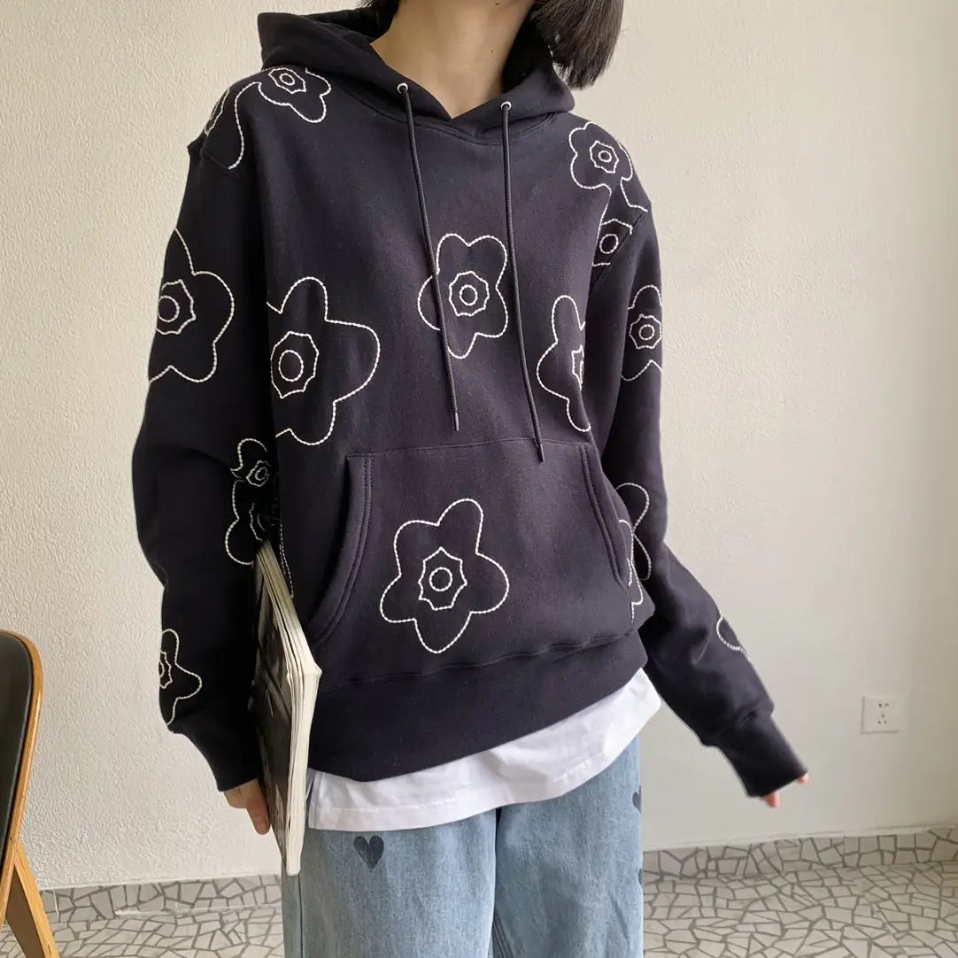 Simple Flower Embroidery Hoodie Unisex Couple