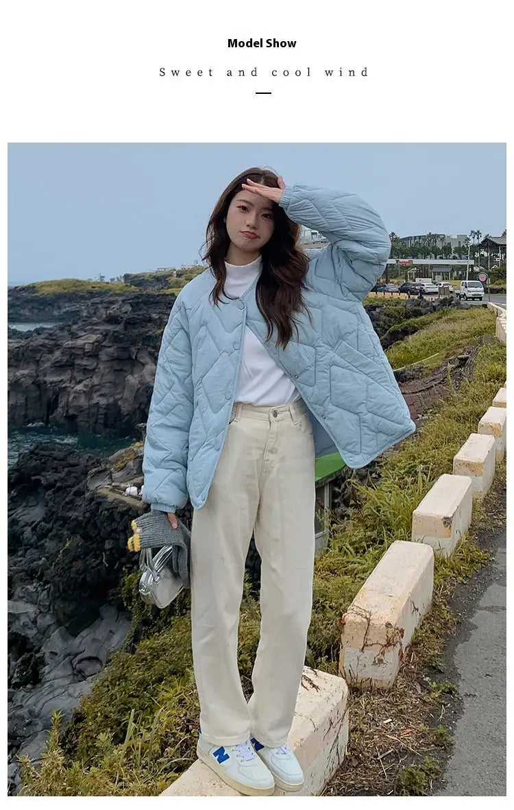 Korean Style Down Cotton Jacket Women’s Short Light Round Neck