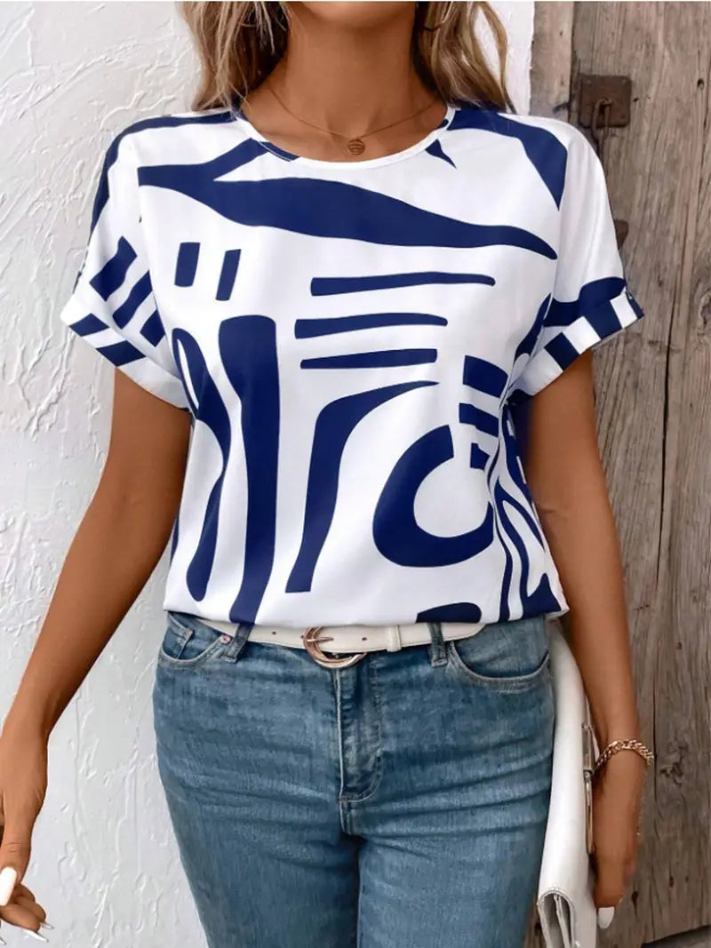 Batwing Sleeve Round Neck Geometric Printed Shirt For Women