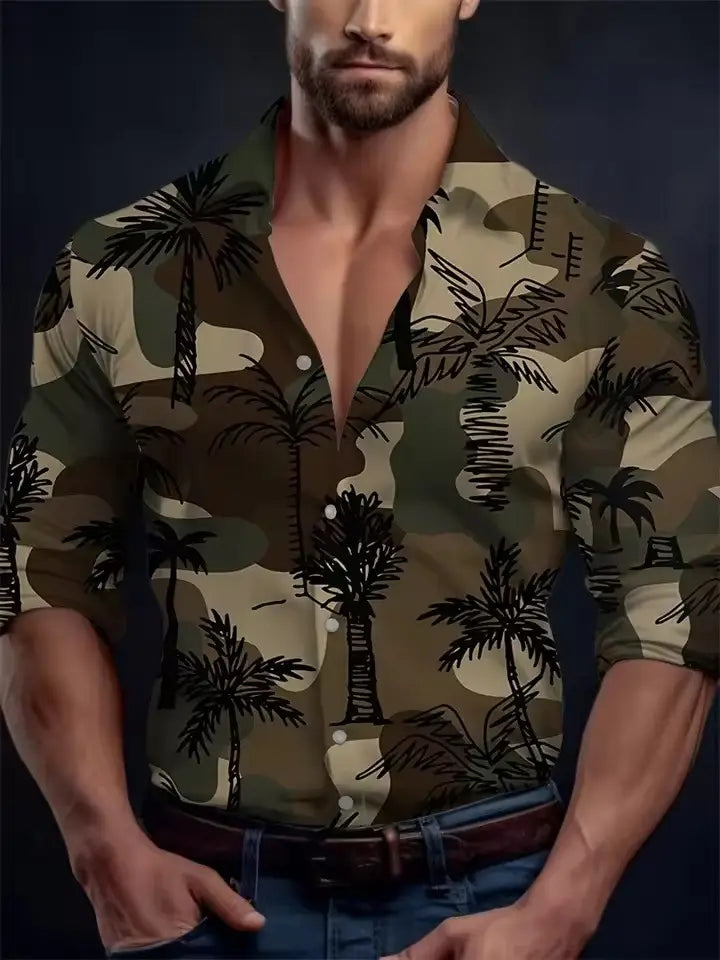 Men’s Long Sleeve Shirt Palm Tree And Striped Printed Shirt Everyday Fashion Men’s Casual Shirt