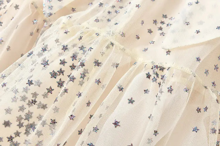 Women’s Mesh Star Shiny Silk Print Waist Wrapping Slim Dress