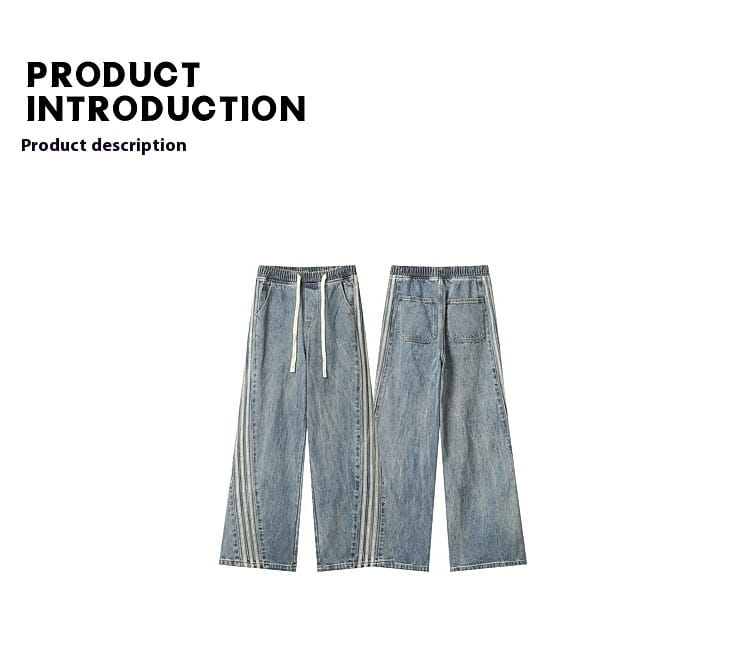 Light Blue Side Three Bars Straight Jeans Men