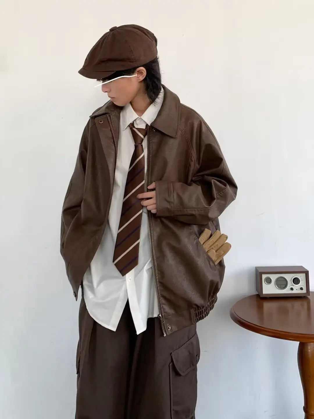 Japanese-style Retro Distressed Lapel Pu Jacket