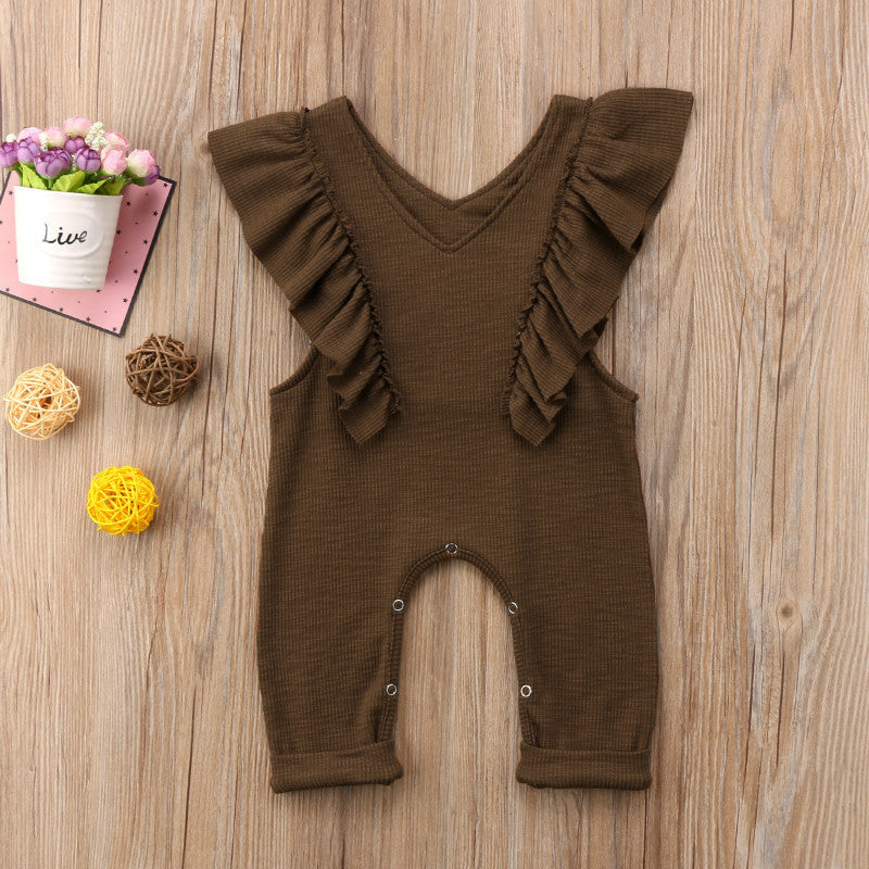 Baby Girl Ruffle Knitted Ruffles Romper Jumpsuit Kid Overalls Long Pants Outfit - brown / 90cm