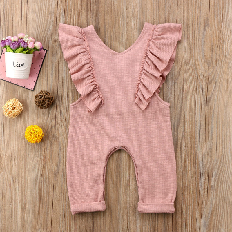 Baby Girl Ruffle Knitted Ruffles Romper Jumpsuit Kid Overalls Long Pants Outfit - Pink / 73CM