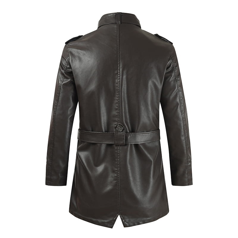 Men’s Mid-length Leather Coat Stand Collar Fleece-lined Thickened