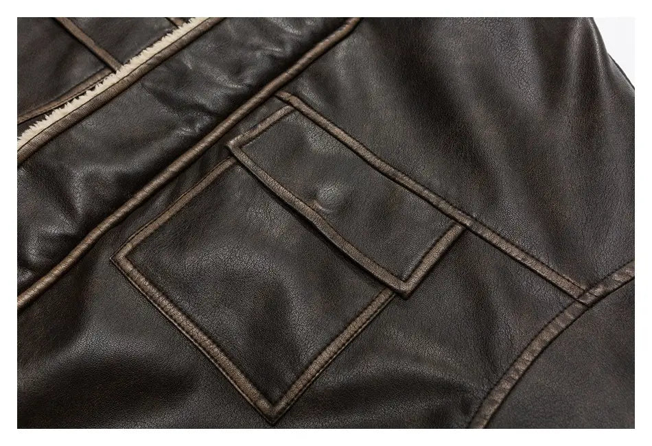 Winter PU Leather Coat Cotton-padded Coat Stand Collar Coat Thickened Lamb Wool