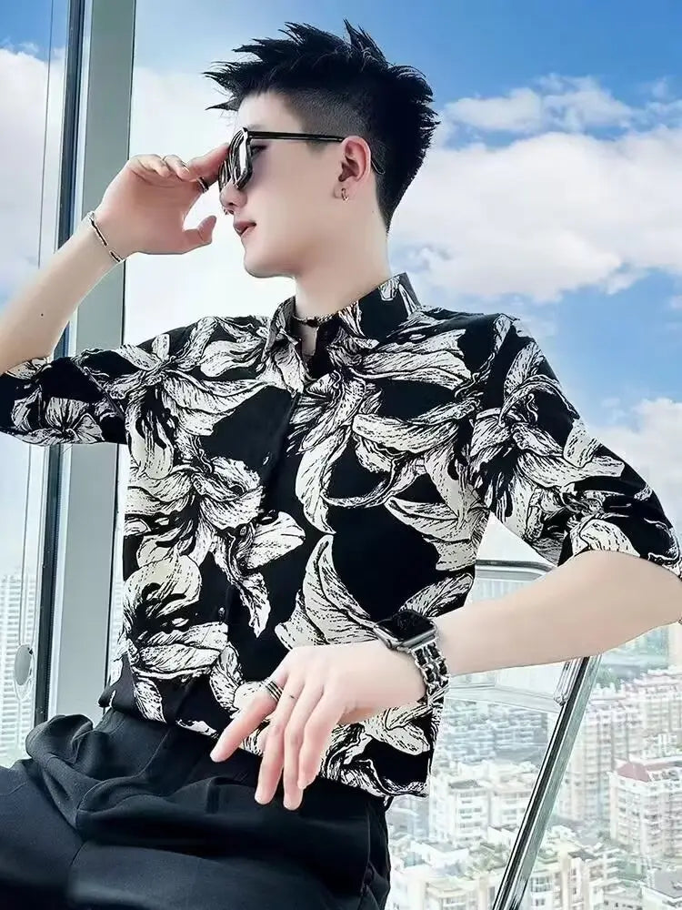 Printed Shirt Men’s High-grade Short-sleeved Summer Ins Ruoshuai