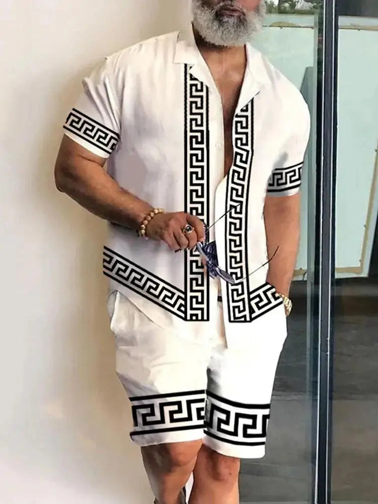 Men’s New Polo Collar 3D Printed Casual Slim Fit Shirt Shorts Suit