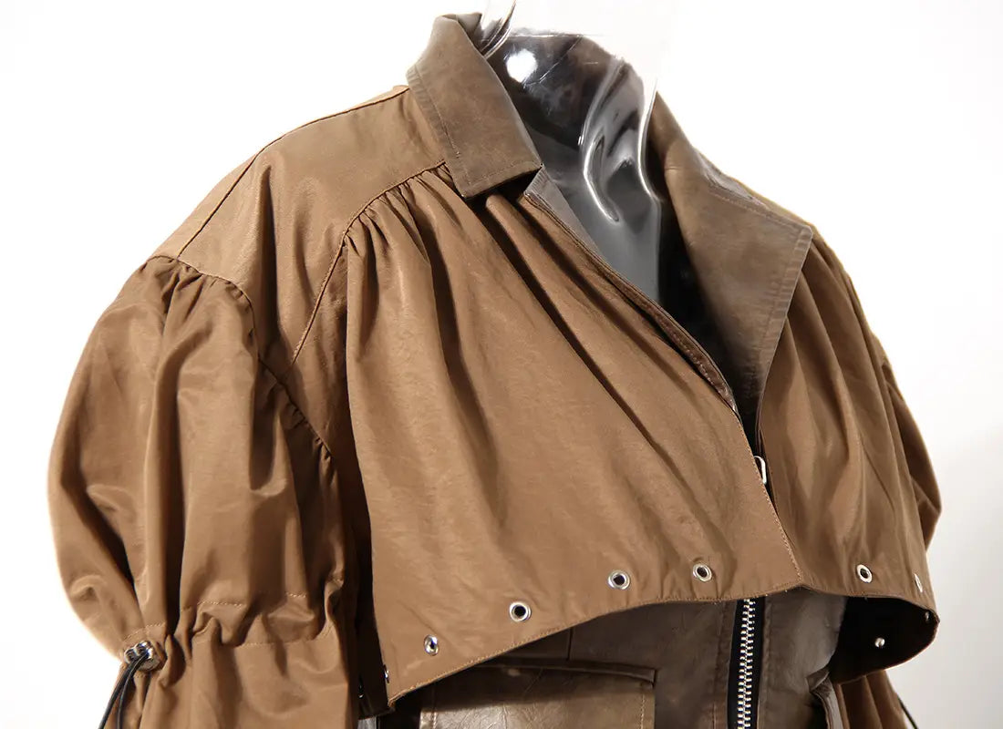 Niche Design Two-piece Coat Cape Stitching PU Handsome Waist-tight Jacket
